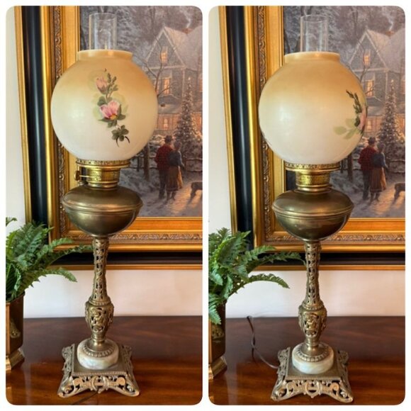 Antique Ornate Brass Parlor Oil Lamp W/ Cherubs Alabaster Base Hand Painted Glas - Picture 5 of 10